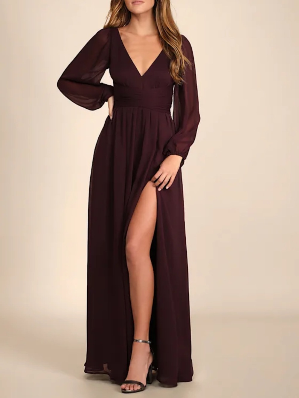 Enchant My Love Dark Purple Plum V-Neck Long Sleeve Maxi Dress